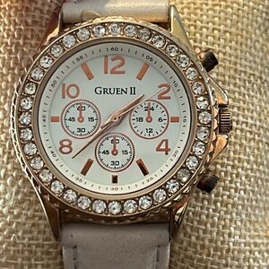 GRUEN II Crystal Bezel Watch Gold Tone with New Battery